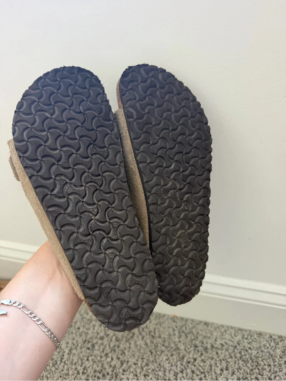 Birkenstock Kids Suede Two-Strap Sandals in Taupe Brown with Copper Buckles